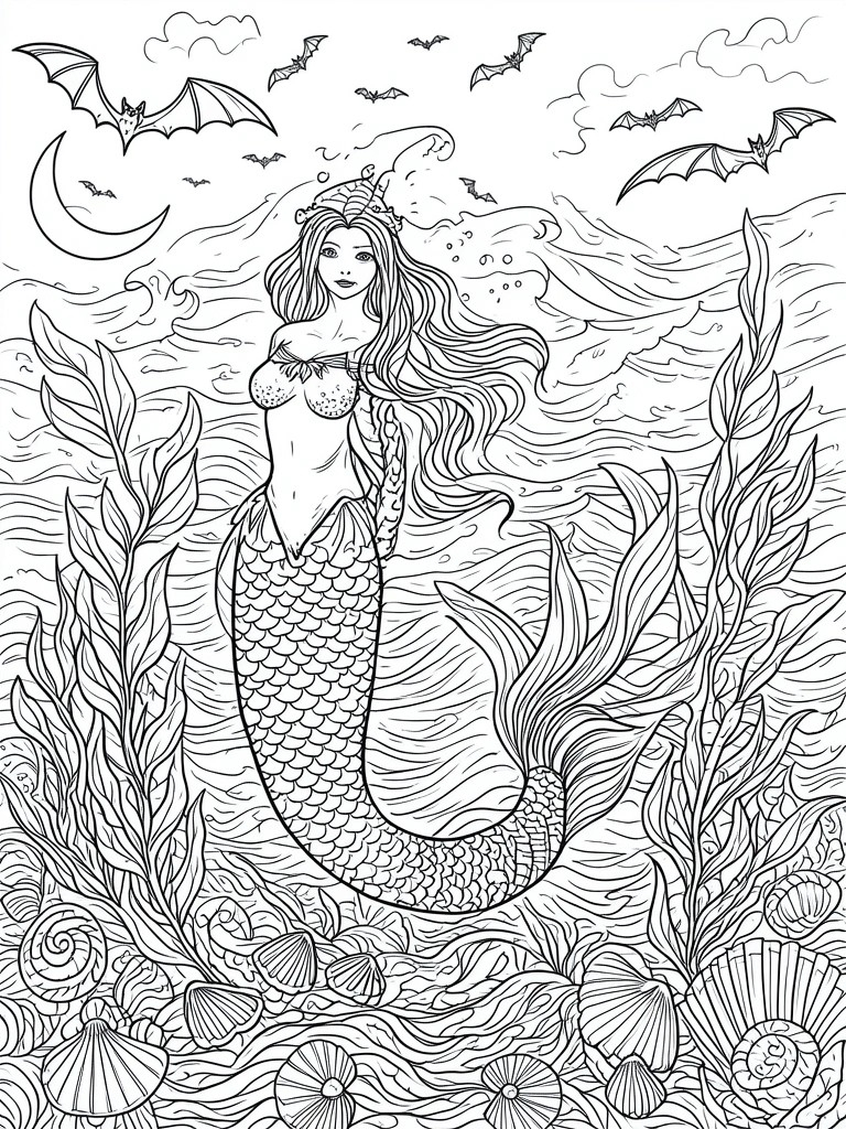 Mermaid with crown and flowing hair amid waves, shells, seaweed, bats, and crescent moon.