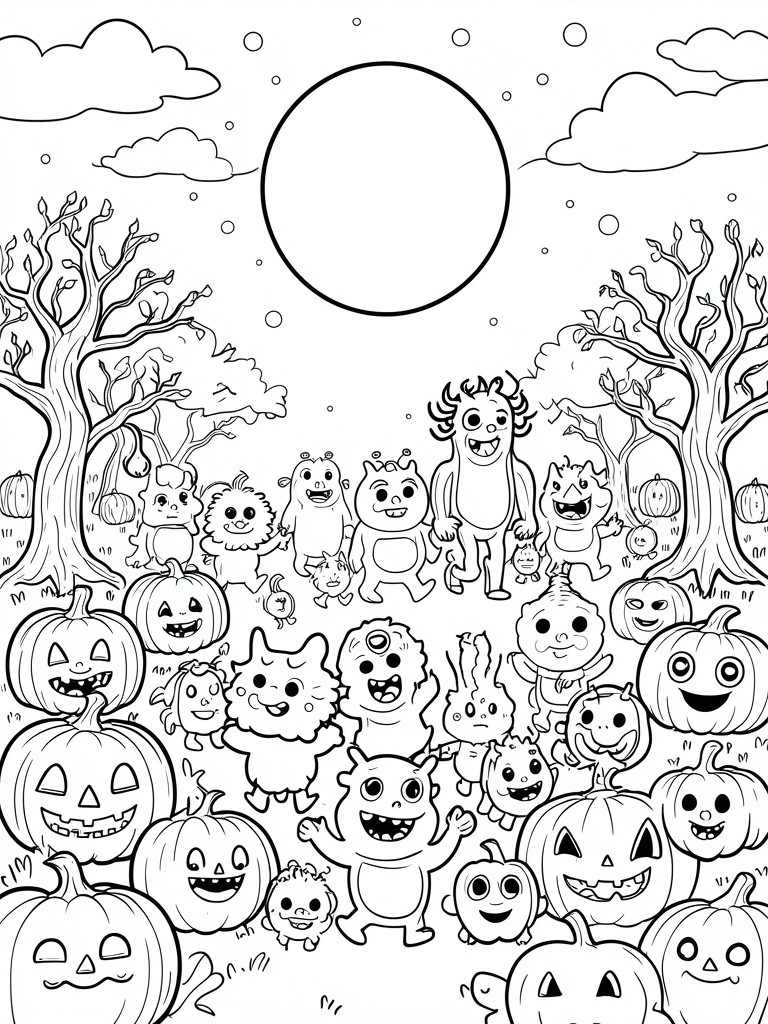 A black and white coloring page shows many cute monsters and jack-o-lanterns gathered in a forest under a full moon with trees on both sides.