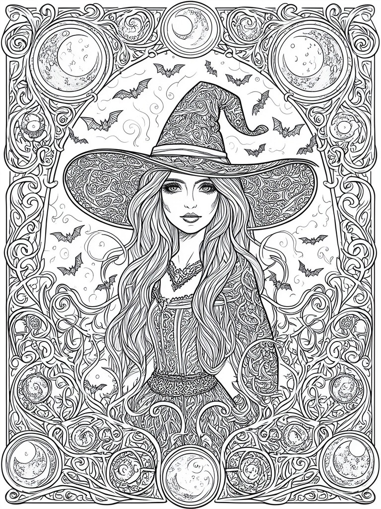 Intricate line art of a witch with flowing hair amid bats and moons.