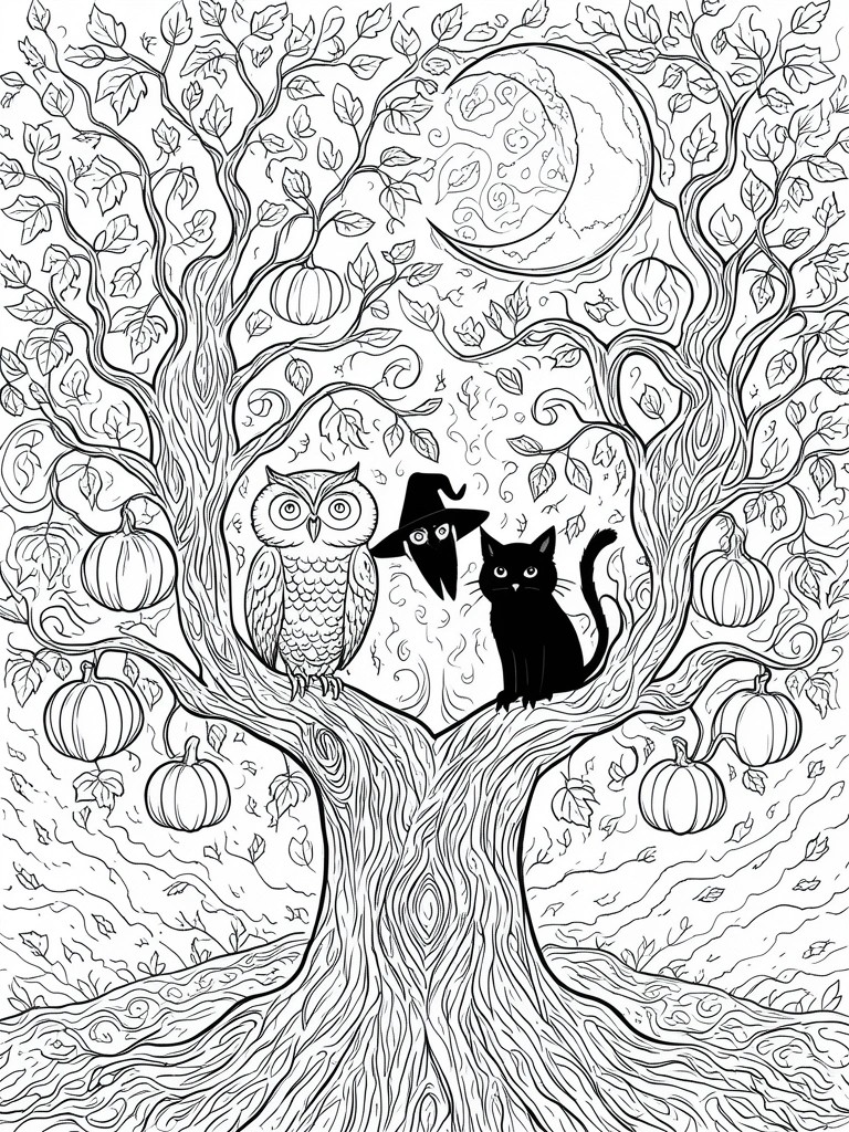 A black and white line drawing of a large tree with pumpkins, an owl, a black cat wearing a witch hat, and a crescent moon with a face.