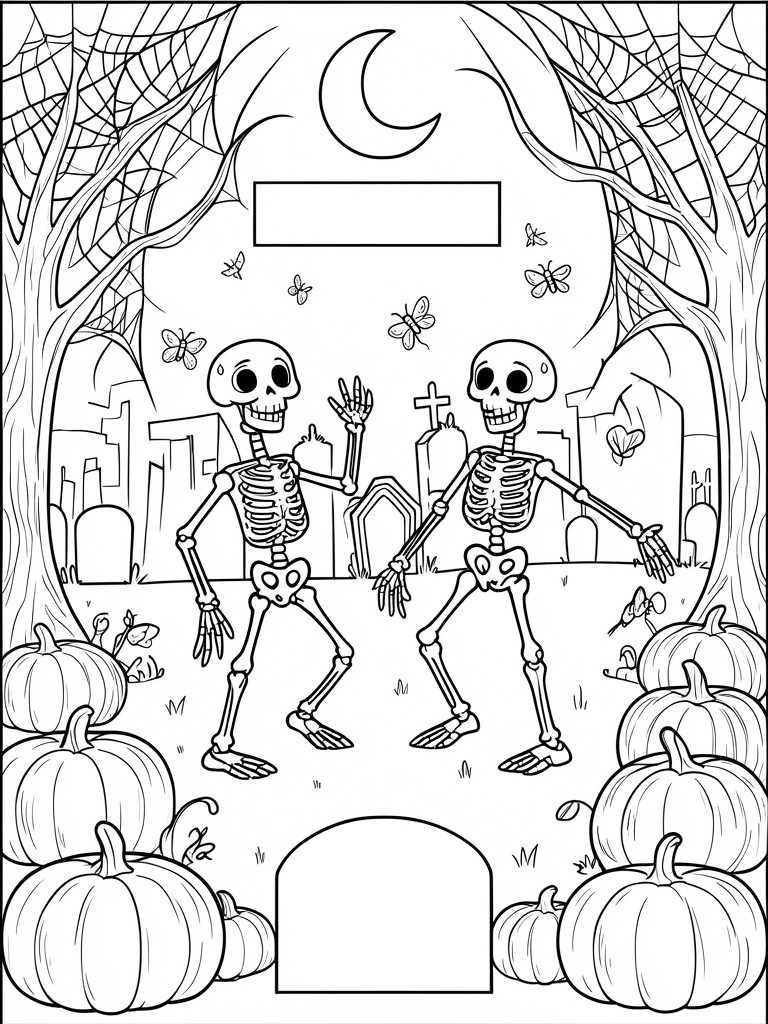 Two skeletons dancing in a graveyard with pumpkins, spider webs, and crescent moon