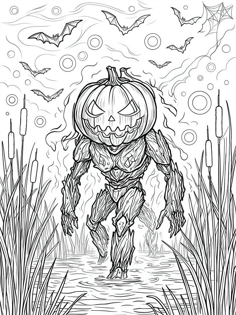 Jack-o'-lantern monster wades through swamp water amid bats, reeds, and spiderwebs