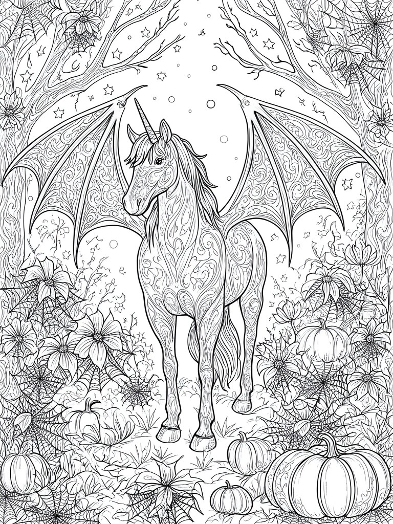 Black-and-white line art of ornate winged unicorn amid pumpkins and spiderwebs.