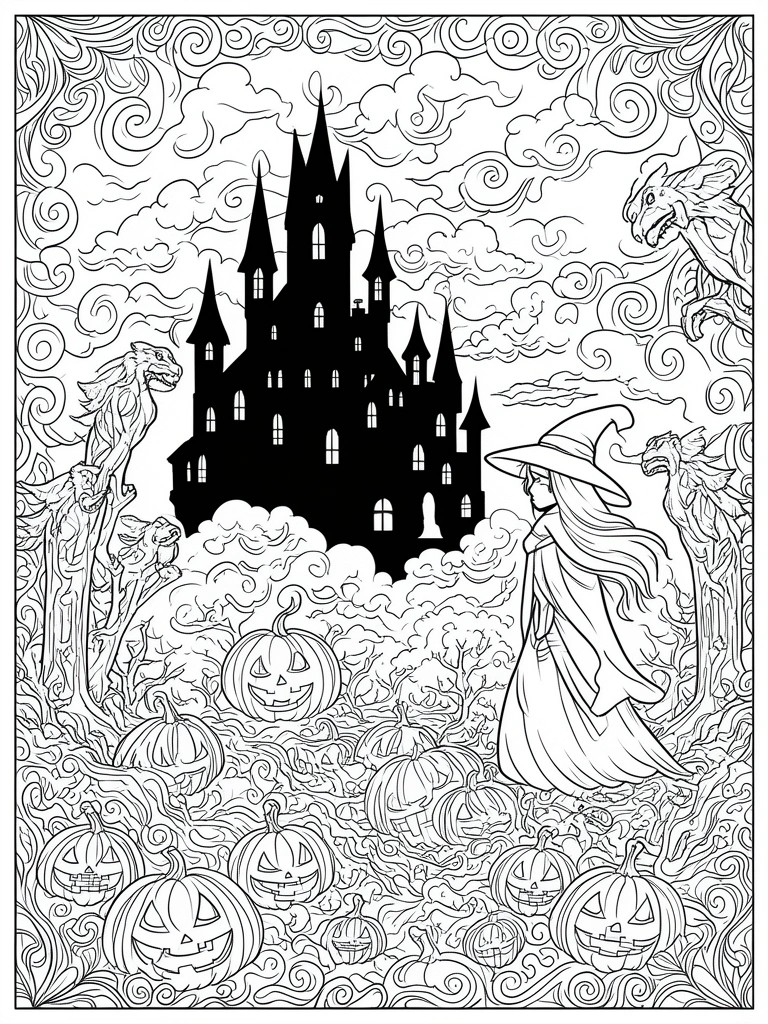 Line drawing of witch near castle with pumpkins, dragons, and swirling clouds.