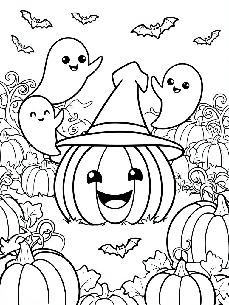 A black and white coloring page shows a large smiling pumpkin wearing a witch hat, with cute ghosts around it, bats flying overhead, and many pumpkins in the background.