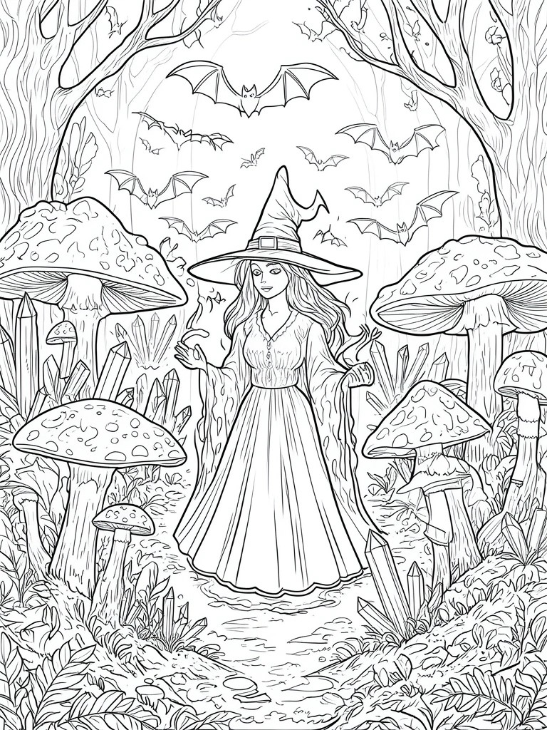 Black-and-white line art of a witch amid mushrooms, crystals and bats in a forest