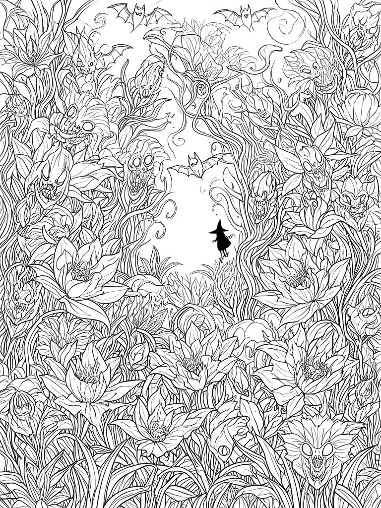 A black and white line drawing shows a witch on a broomstick in a clearing surrounded by large flowers with monster faces and flying bats.