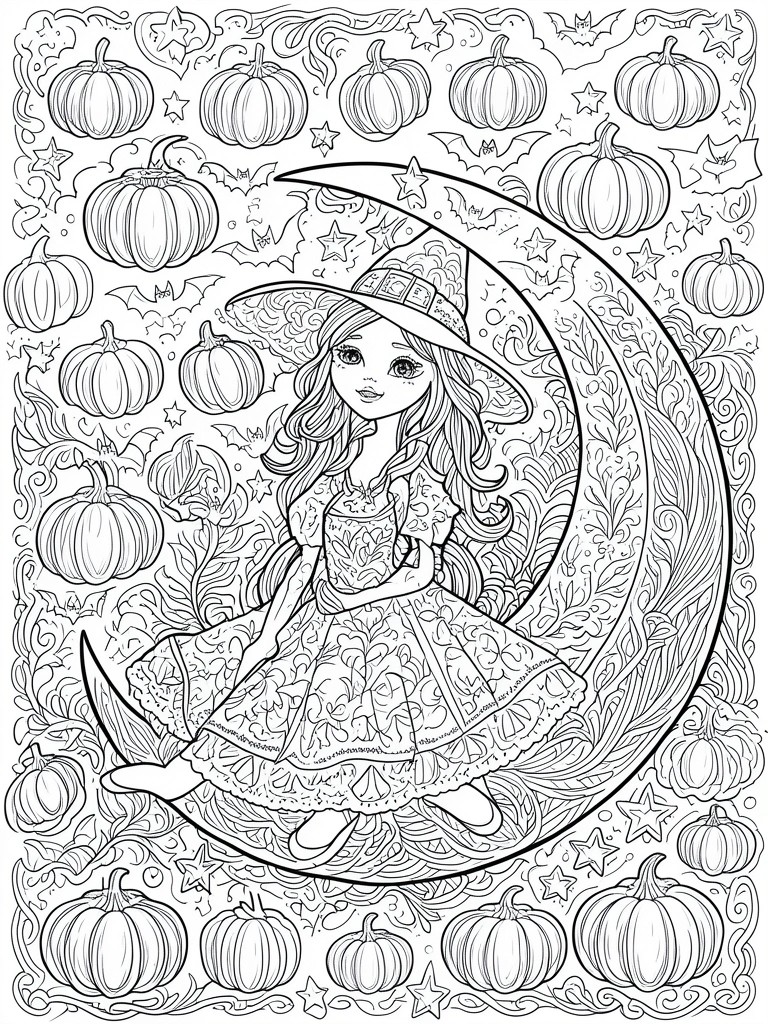 Witch girl in frilly dress on crescent moon amid pumpkins, bats, and stars.