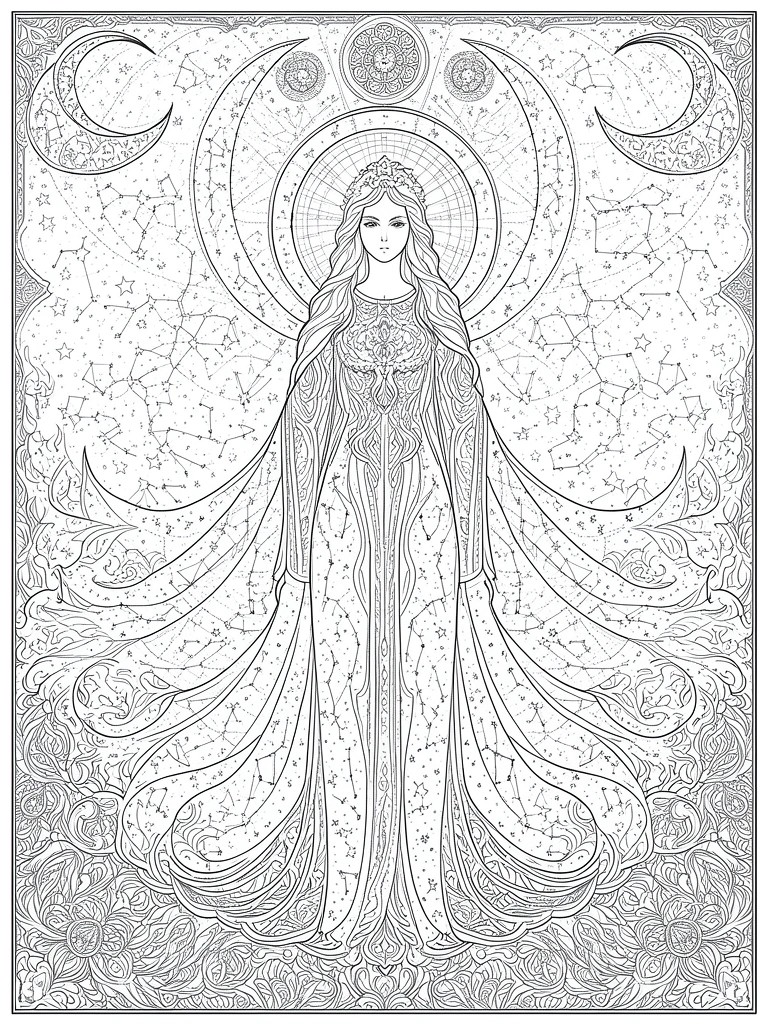 A black and white line drawing of a woman in flowing robes with a crown, surrounded by crescent moons, constellations, and stars, with floral patterns at the bottom.