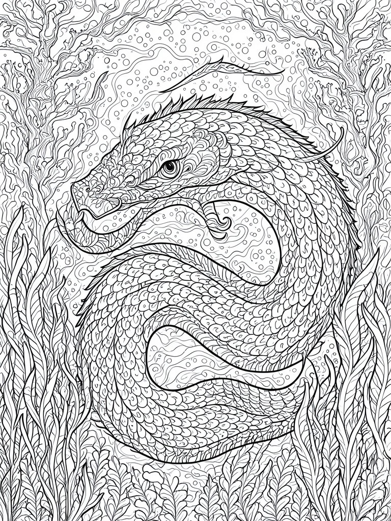 Intricate black-and-white line art of coiled dragon amid seaweed and bubbles