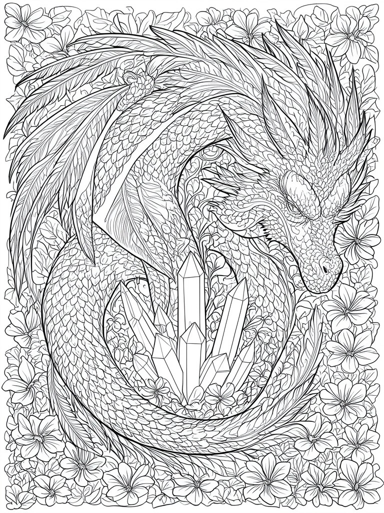 Intricate line art of a feathered dragon curled around crystals amid flowers.