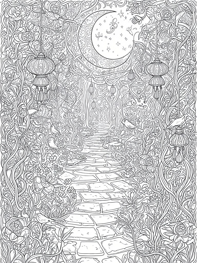 Black and white line art of a forest path lined with lanterns beneath a crescent moon and stars.