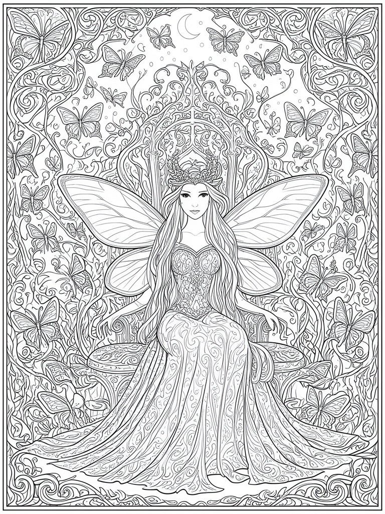 Detailed line art of crowned fairy with wings seated amid butterflies and vines.