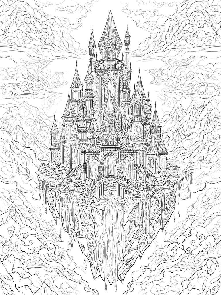 Ornate fantasy castle on floating rocky cliff with waterfalls, clouds and mountains in line art.
