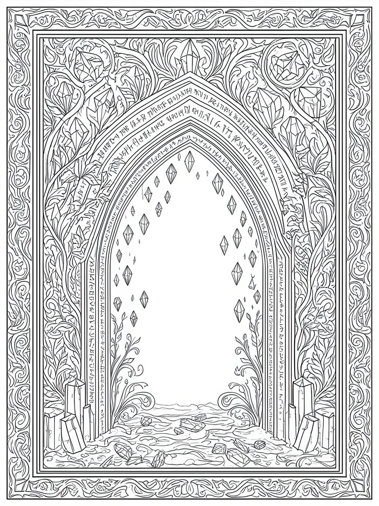 Ornate black-and-white line art of a crystal-filled fantasy archway with vines and runes.