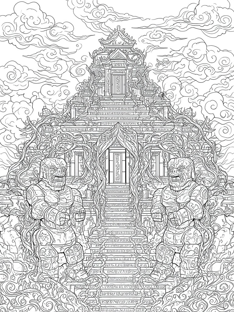 Black and white line drawing of a multi-tiered temple with stairs, two muscular guardian figures, vines, and clouds.