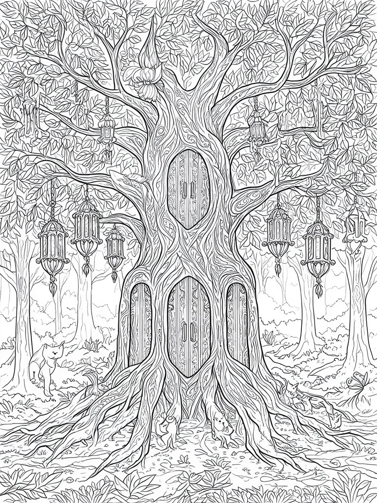 A black and white line drawing of a large tree with doors in the trunk, hanging lanterns from branches, and animals around the roots in a forest.