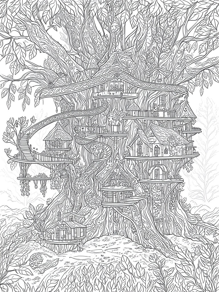 Detailed black-and-white line art of multilevel treehouses linked by bridges on a giant tree.