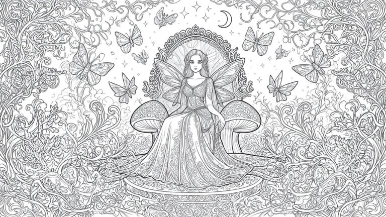 Detailed line art of crowned fairy with wings seated amid butterflies and vines.