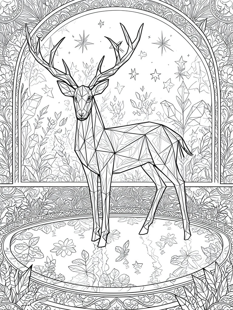 Polygonal deer with antlers amid crystals, stars, and foliage in ornate frame