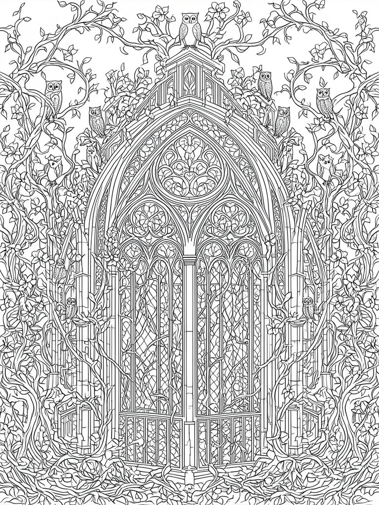Elaborate black-and-white line art of gothic window with owls amid floral branches
