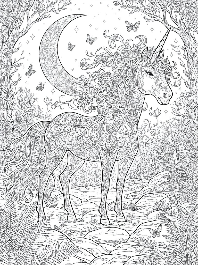 Black and white line art of a unicorn in a forest under a crescent moon