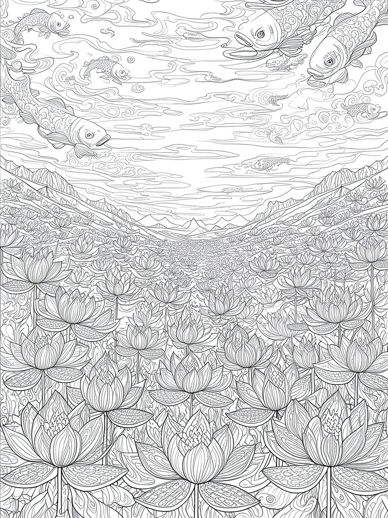 A black and white line drawing of a lotus flower field with mountains in the distance and several large fish swimming among clouds overhead.