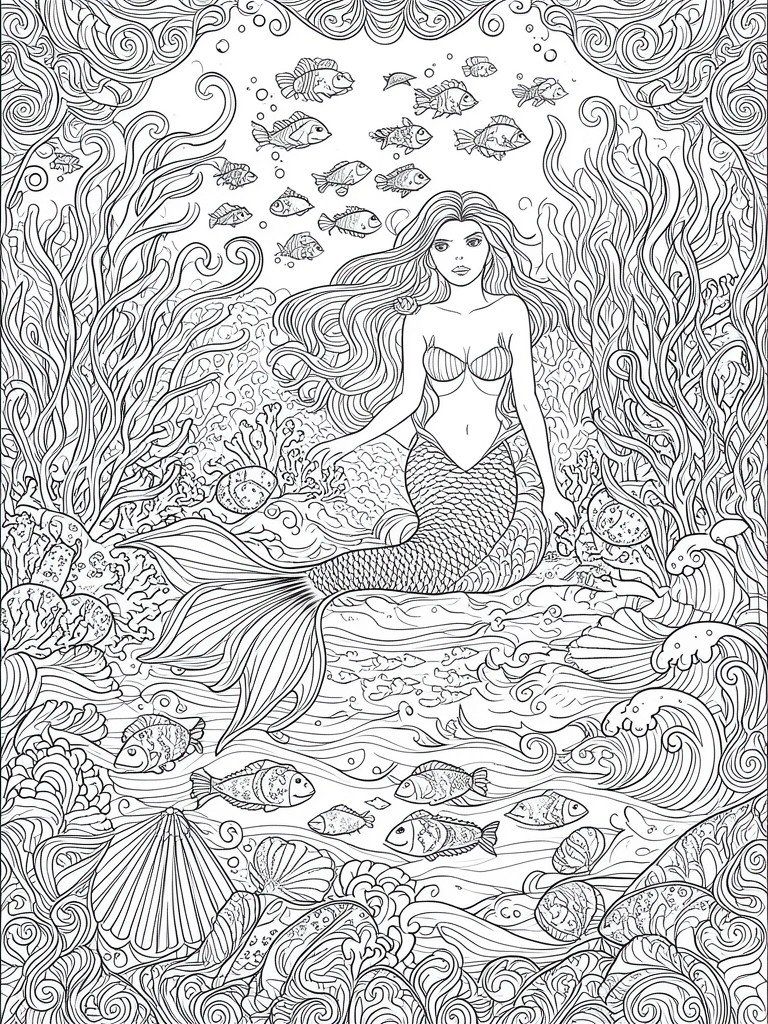 A black and white line drawing of a mermaid with long hair surrounded by fish, coral, shells, and waves in an underwater scene.
