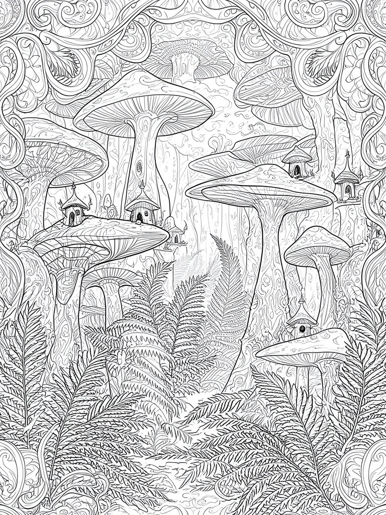 Intricate line art of giant mushrooms with tiny houses amid ferns and swirling trees.