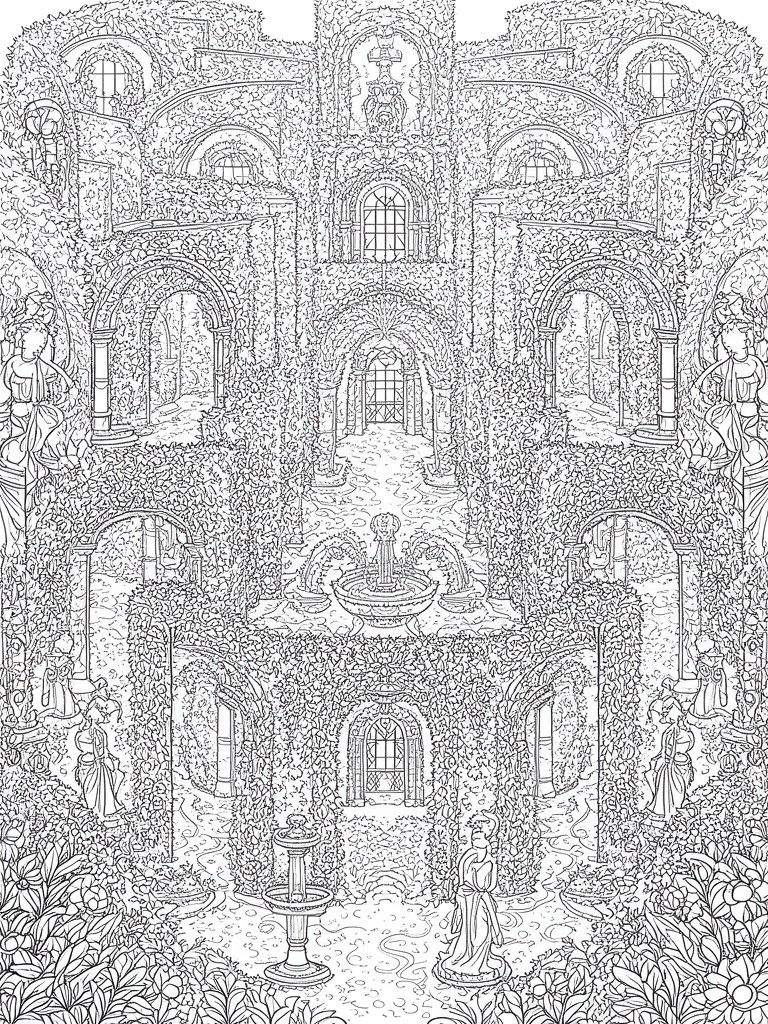 Intricate black-and-white line art of an ivy-covered ruined courtyard with fountains and statues.