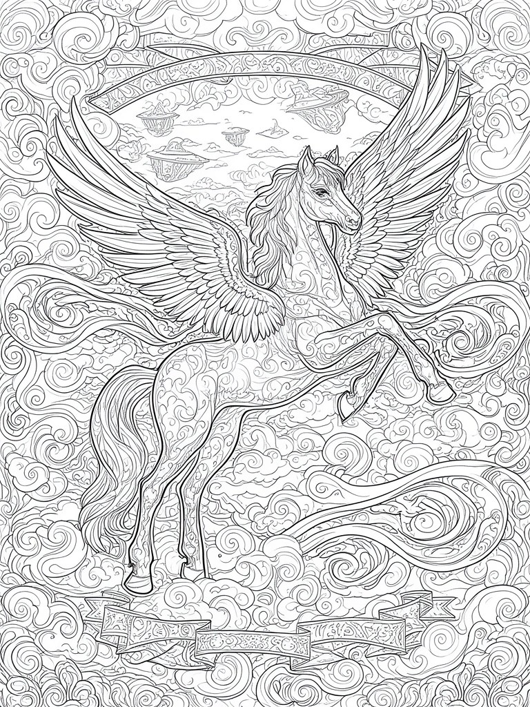 A black and white line drawing of a winged horse in flight surrounded by swirling clouds, floating islands, and decorative banners.