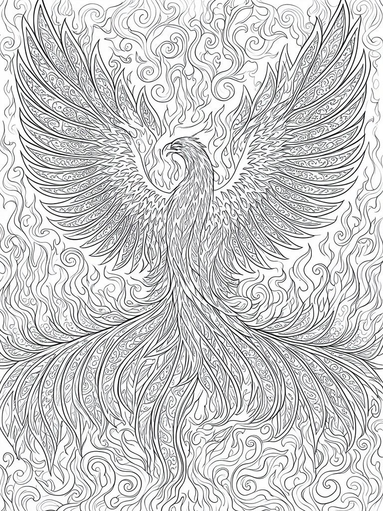 Intricate black-and-white line art of a phoenix with wings spread amid flames