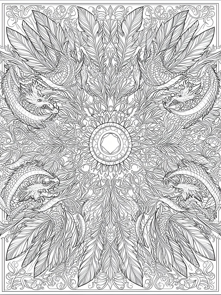 Symmetrical black-and-white mandala with four dragons around feathered central motif.