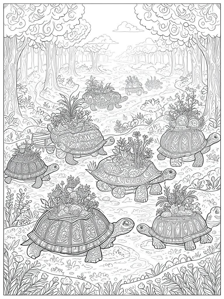A black and white line drawing shows multiple turtles with patterned shells and plants growing on their backs walking along a forest path.