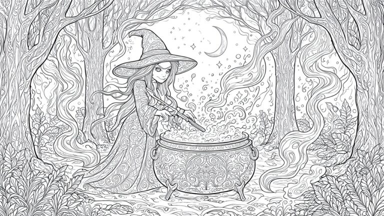 21 Mystical Witch Coloring Pages Built Around Potions, Magic, and Moonlit Forests Young witch in patterned dress stirs cauldron amid swirling trees under crescent moon