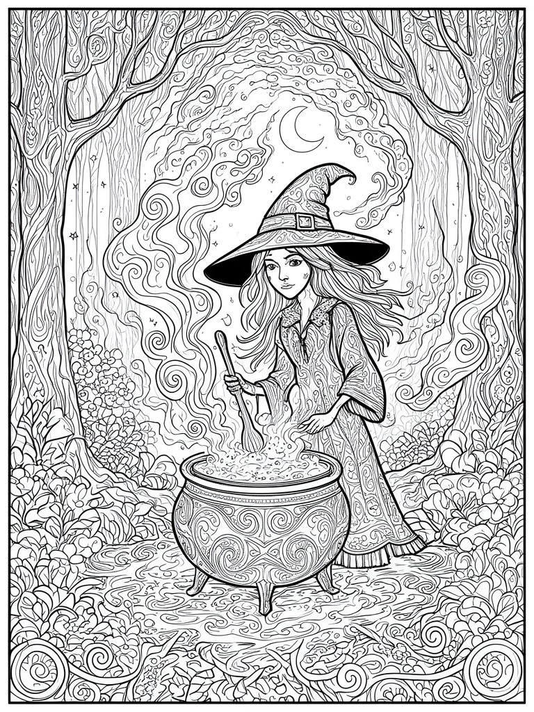 Young witch in patterned dress stirs cauldron amid swirling trees under crescent moon
