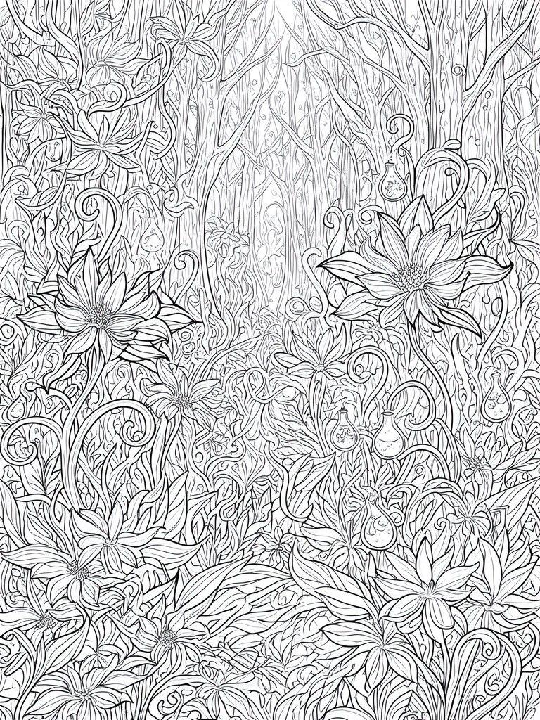 Intricate black-and-white line drawing of a dense forest with flowers, trees, and vines.