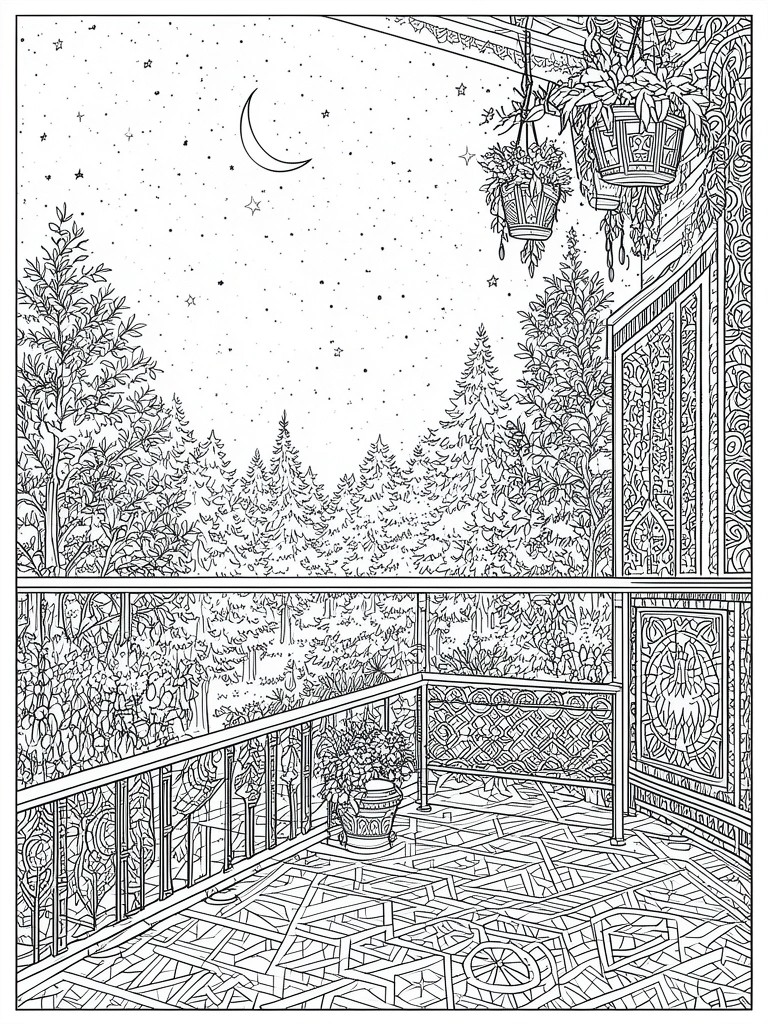 A black and white line drawing of a balcony at night with hanging plants, ornate railings, a crescent moon, stars, and a view of dense forest trees.