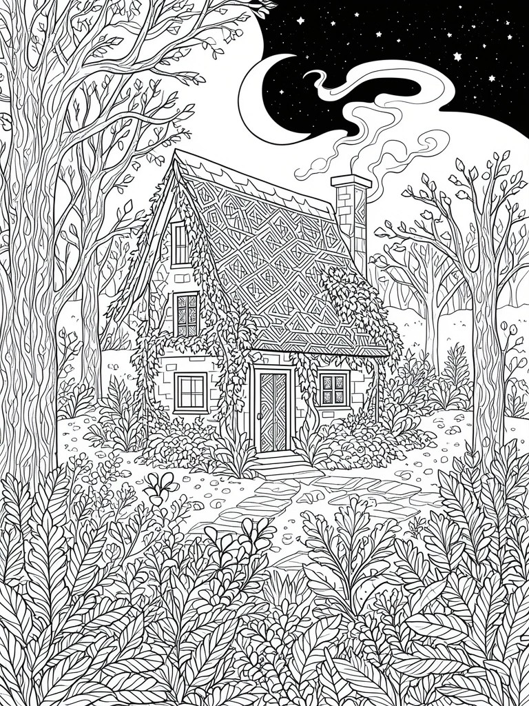 Line drawing of ivy-covered cottage in forest under crescent moon and starry sky.