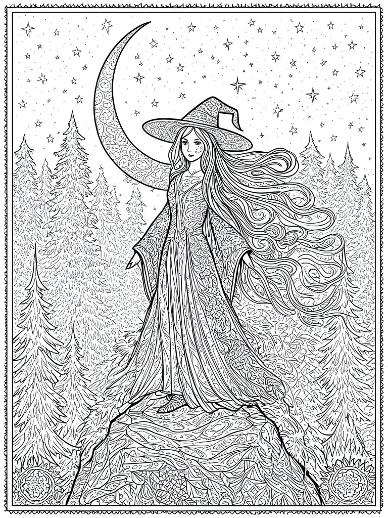 Line art of a witch with flowing dress and hat on a rock under crescent moon in starry pine forest.
