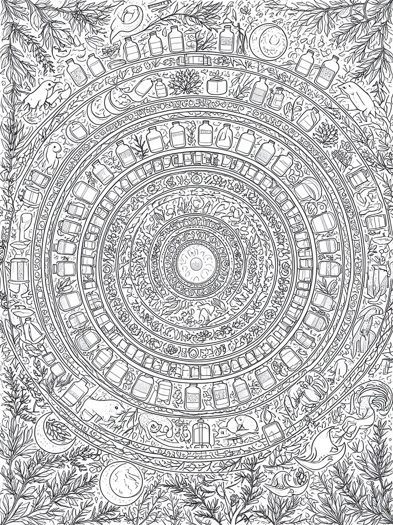 A black and white circular mandala coloring page with concentric rings of potion bottles, woodland animals, moons, and leaves.