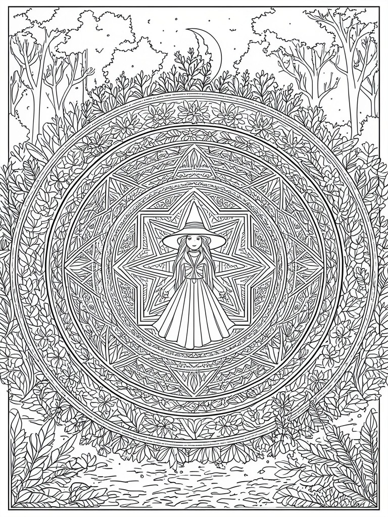 A black and white line drawing of a witch inside a large circular mandala with stars and a forest border under a crescent moon.