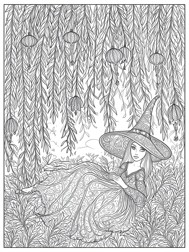Witch in ornate hat and dress reclining amid foliage under hanging lanterns