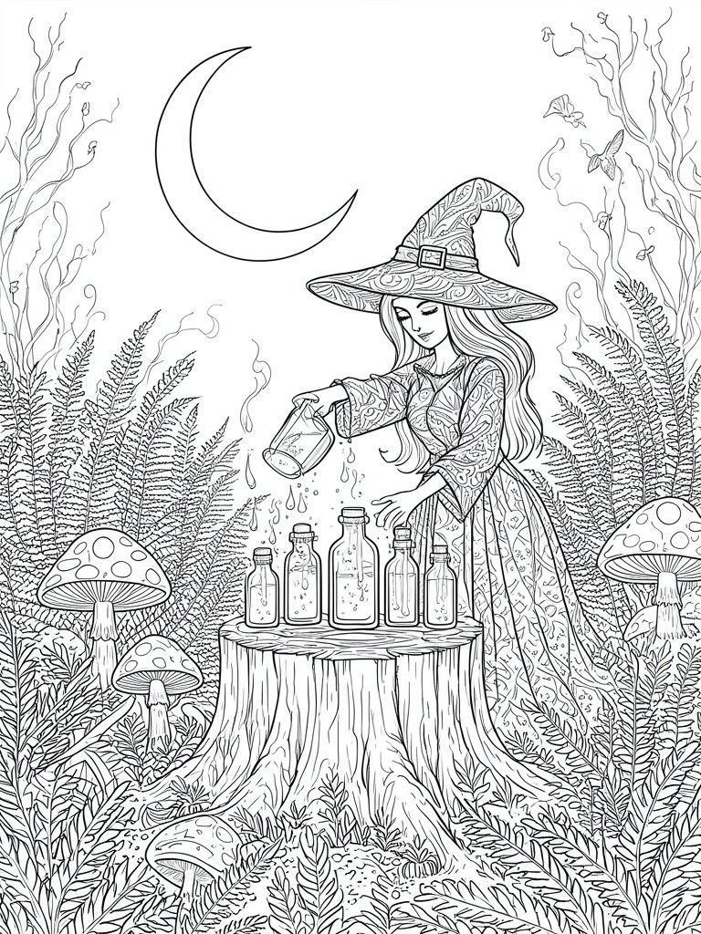 A line drawing of a witch in a patterned hat and dress pouring from a pitcher into bottles on a tree stump, surrounded by mushrooms, ferns, and a crescent moon.