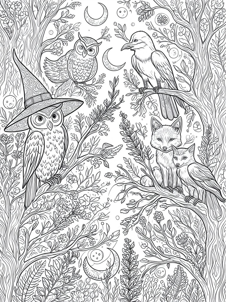 A black and white line drawing of an owl wearing a witch hat, another owl, a raven, and two foxes among tree branches with moons and foliage.