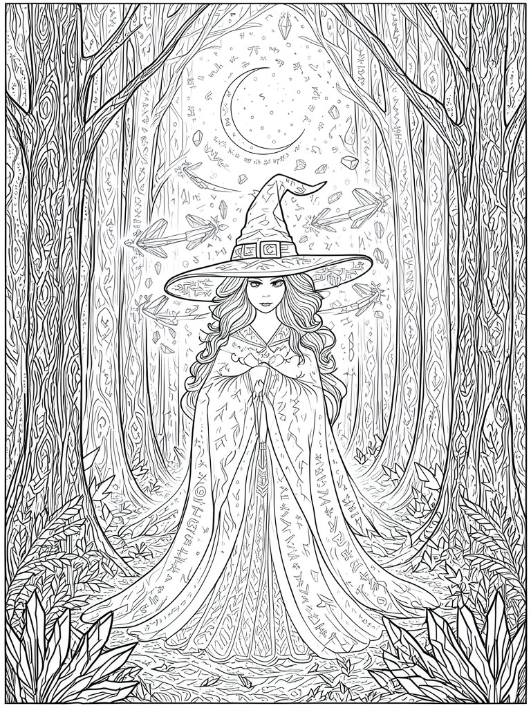 A line drawing of a witch in a hat and patterned cloak standing in a forest under a crescent moon with floating crystals and arrows.
