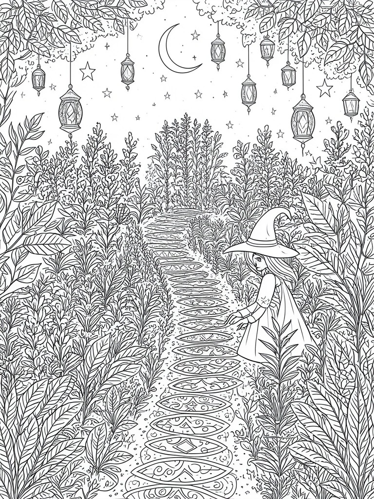 Black and white line drawing of a young witch in a hat on a patterned forest path at night with hanging lanterns, crescent moon, stars, and dense foliage.