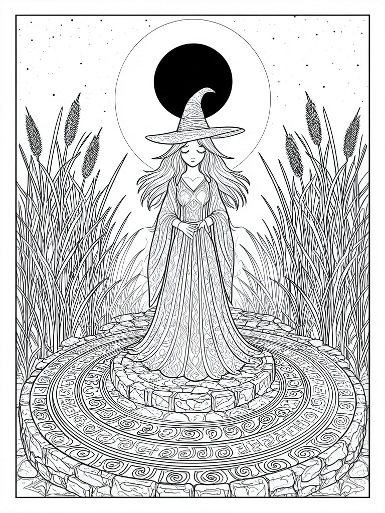 Witch in patterned dress and hat on rune stone circle under eclipse moon with tall reeds.