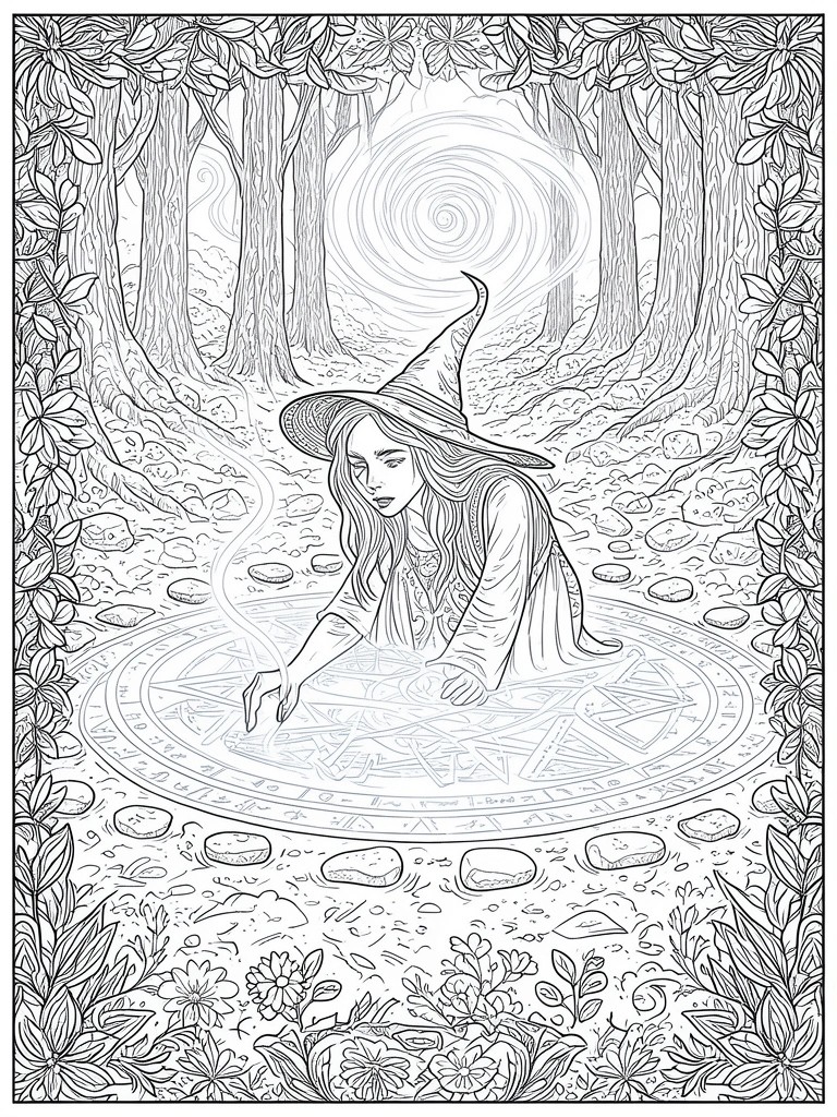 Witch in pointed hat reaching toward rune circle in forest clearing