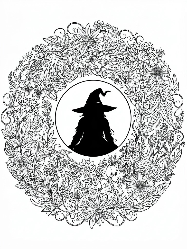 A black and white line art coloring page shows a witch silhouette wearing a pointed hat inside a circle, framed by a dense ring of flowers, leaves, and a small creature at the bottom.